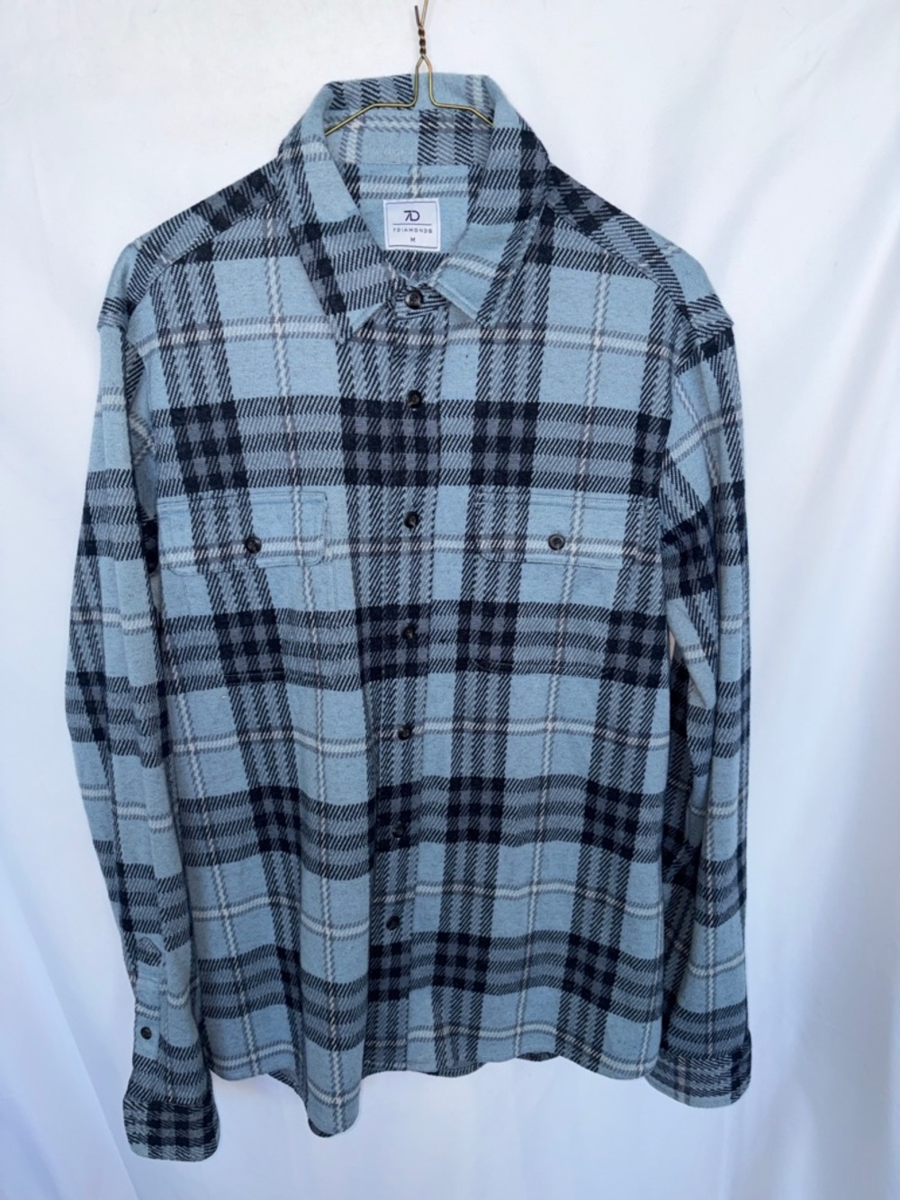 7 Diamonds Light Blue and Black Plaid Button-Down Flannel Shirt, 22” PTP, 30” L